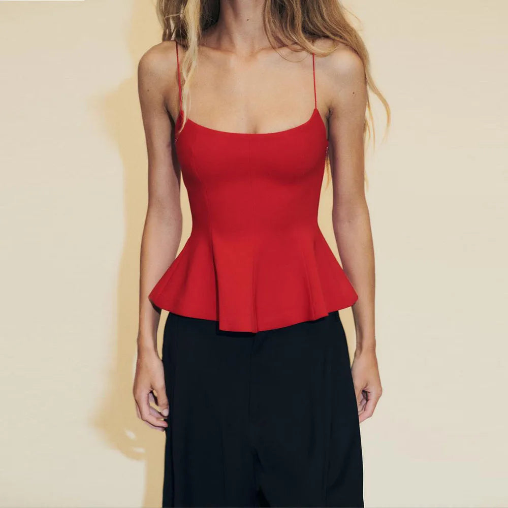 Women's Casual Blouse - Spring/Summer Style. Elastic Shoulder Straps. Round Neckline. Sexy Design. Slim Fit. Valentine's Day Sty