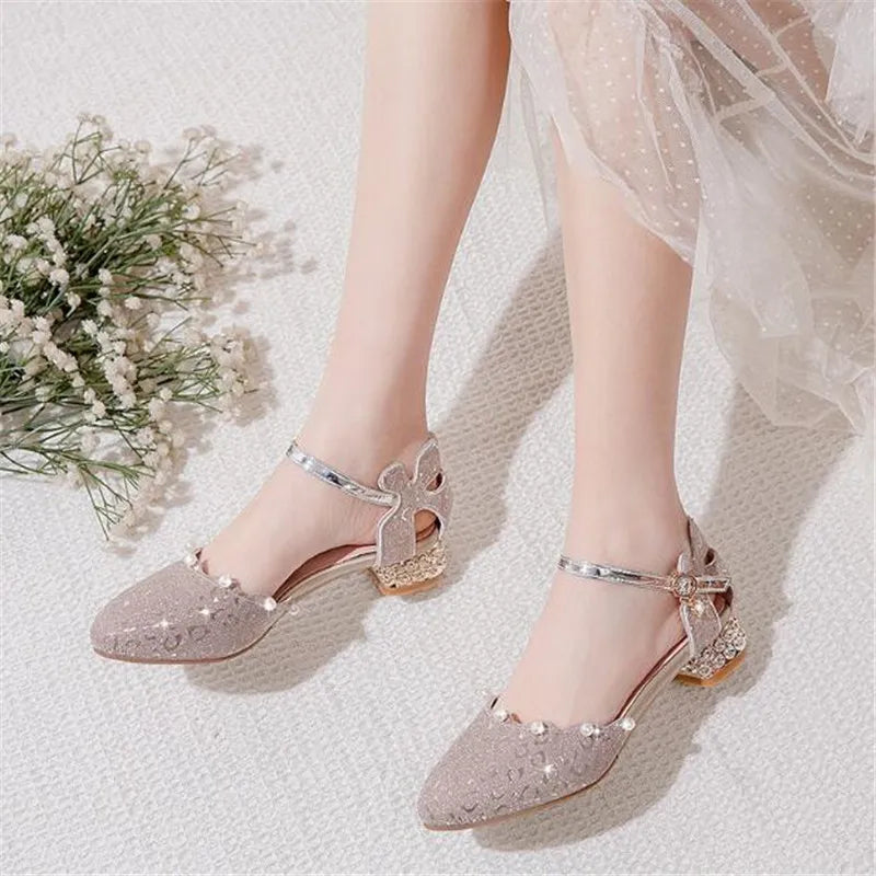 Princess Kids Leather Shoes Girls Sandal Sweet Pearl Casual Glitter Children High Heels Girls Party Dance Shoes Pink Gold Silver