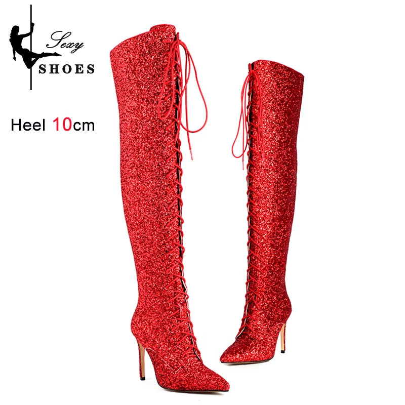 10CM Night Club Over The Knee Boots Sequins Thin High Heels Fashion Lady Pointed Long Boots Autumn Winter Party Shoes For Women
