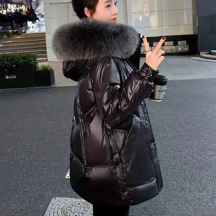 Black Down cotton Jacket Women's 2025 New Korean version Thick fur collar Loose Wash free Winter Coat Female Warm Parka Overcoat