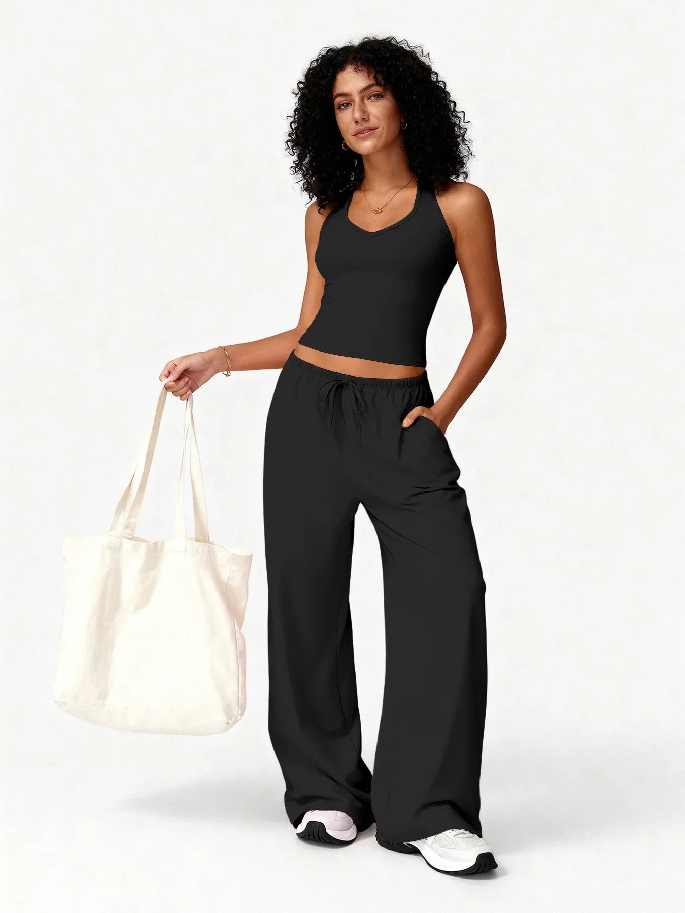 Women Gym Sets V Neck Vest Loose Trousers Suits Sports Workout Athletic Yoga Pants Training Casual 2 Pecs Tracksuits