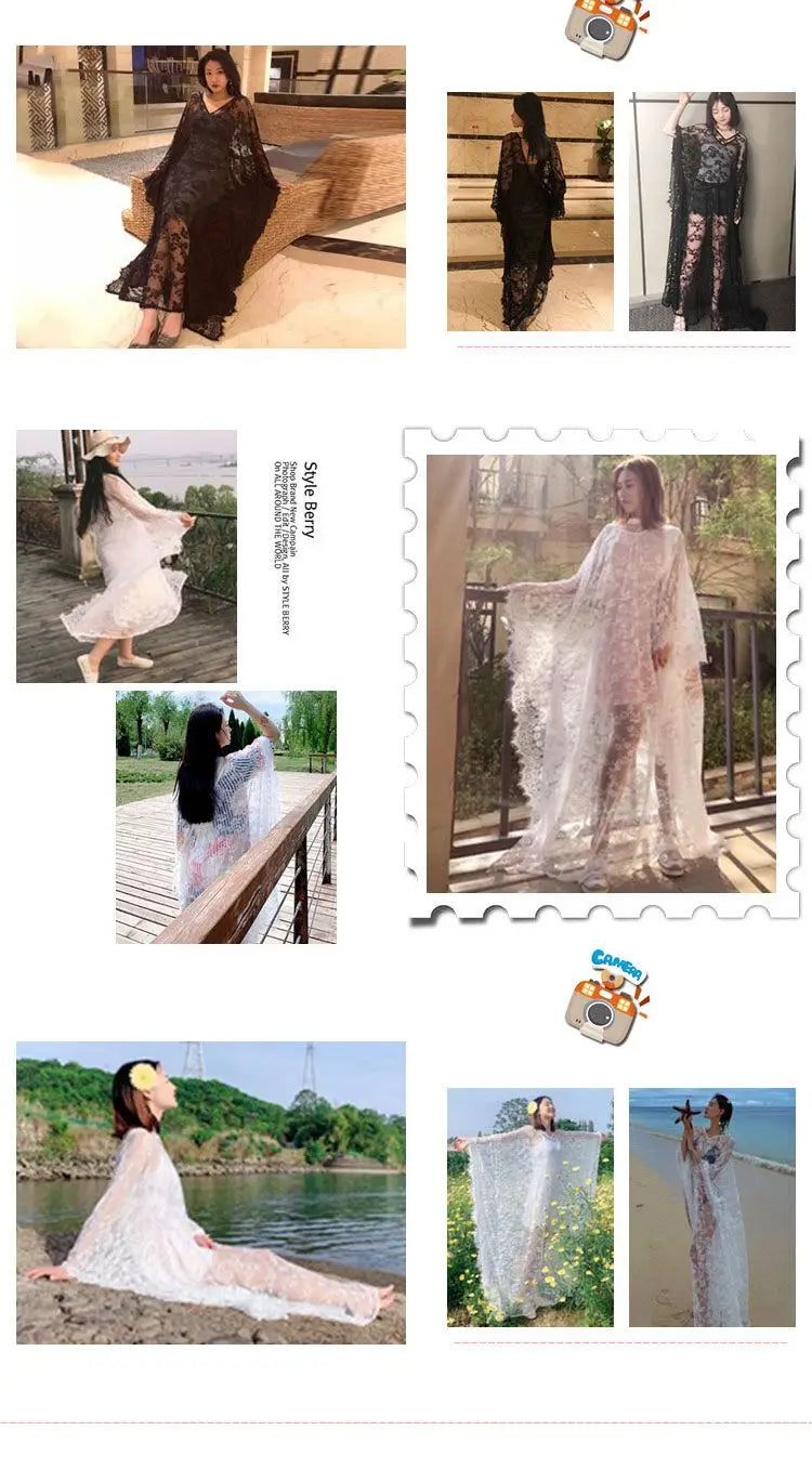Sexy Lace Beach Bikini Cover Up Robe Pareo Beachwear Swimwear Women Dress Black White Swimsuit Hollow Out See-through Vacation