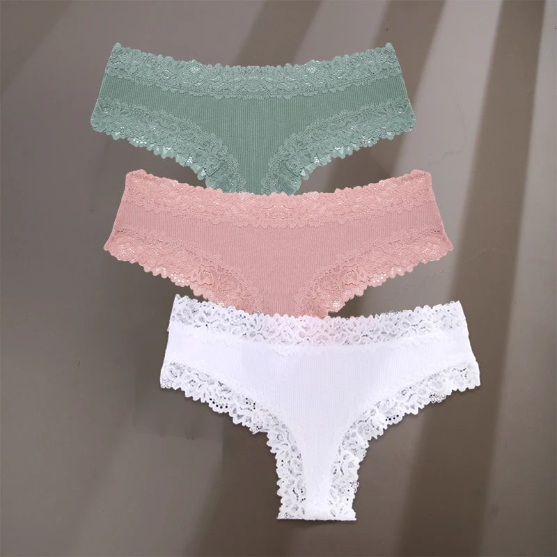 3Pcs/Set Sexy Lace Briefs Cotton Panties Women's Fashion 7 Solid Color Comfortable Briefs Low Waist Underpants Stretch Underwear