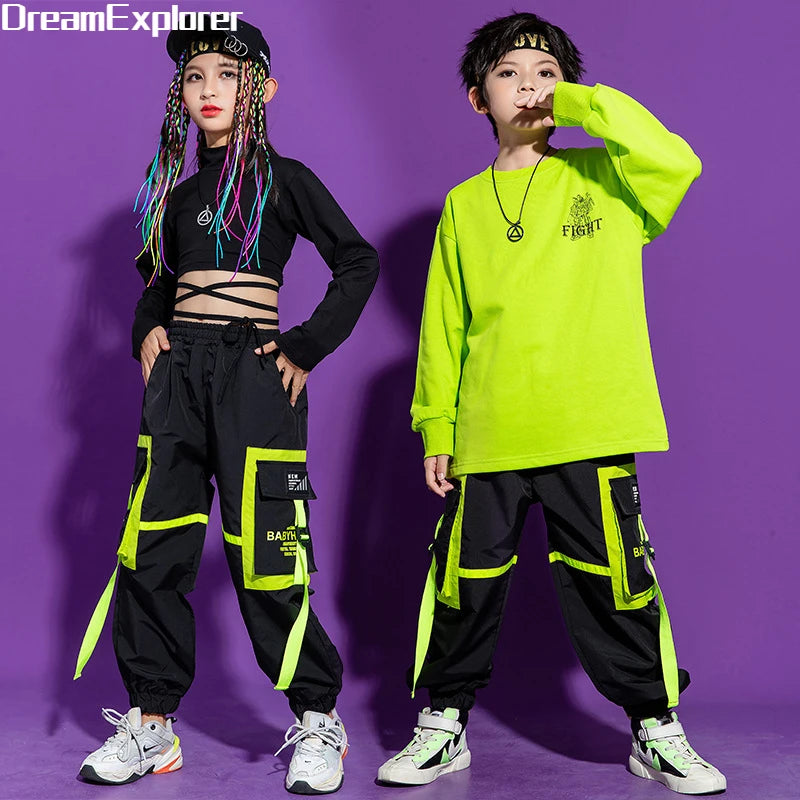 Boys Hip Hop Cool Vest Girls Cargo Pant Outfit Child Sweatshirt Chest Bag Joggers Street Dance Kids Streetwear Costume Sportwear