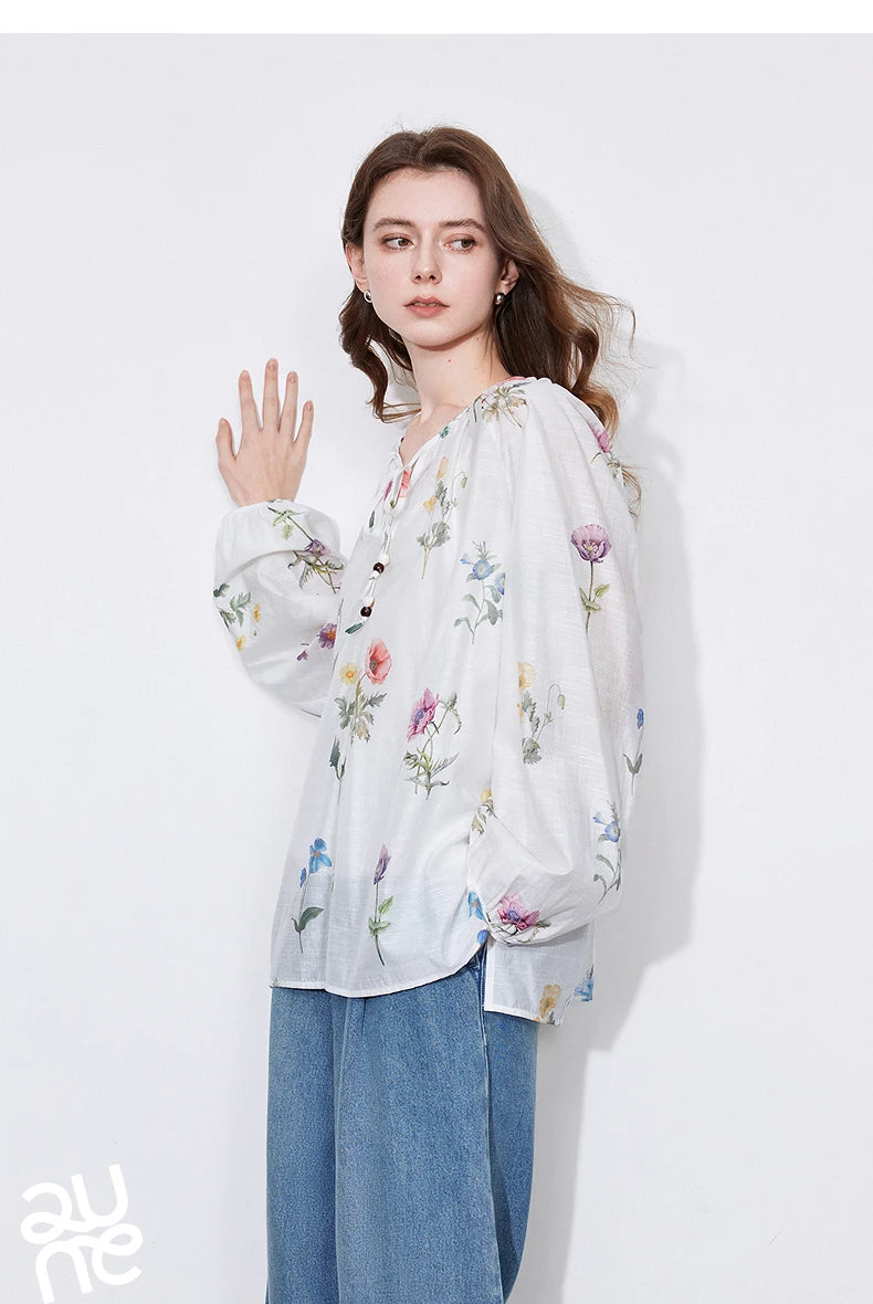 TOYOUTH Women Blouse Shirt 2025 Spring New Linen Floral Printed Velvet Casual Pullover Tops