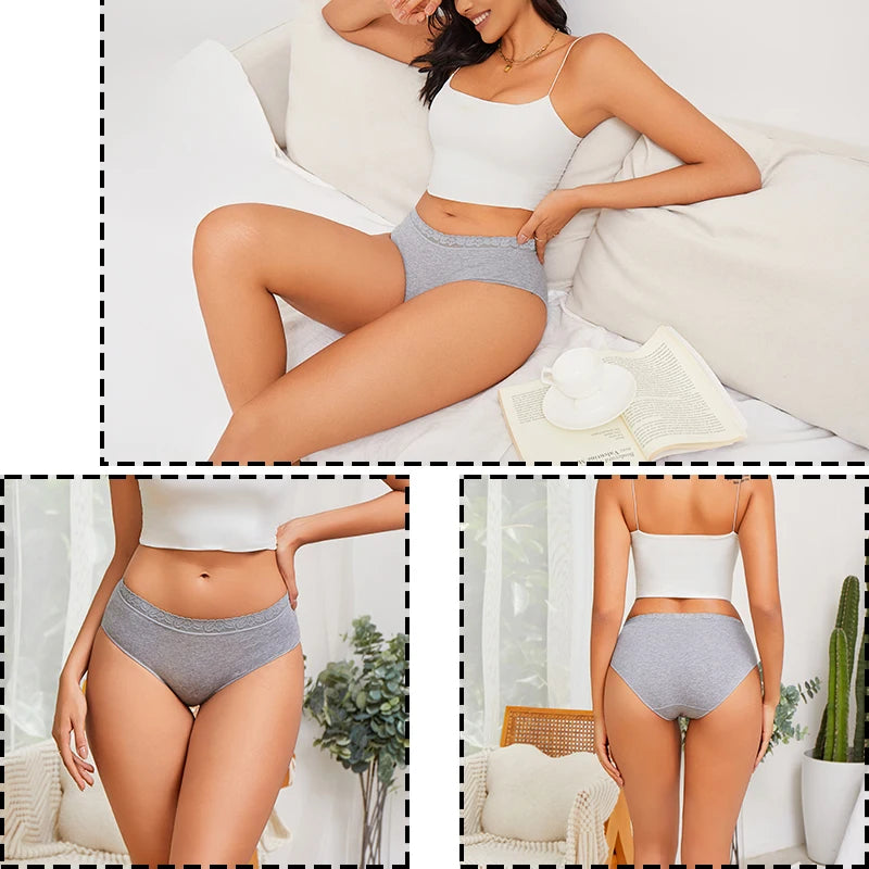 FINETOO 5PCS/Set Women Cotton Panties Sexy Low Waist Briefs Lace Cotton Female Comfortable Underwear Solid Color Soft Lingerie