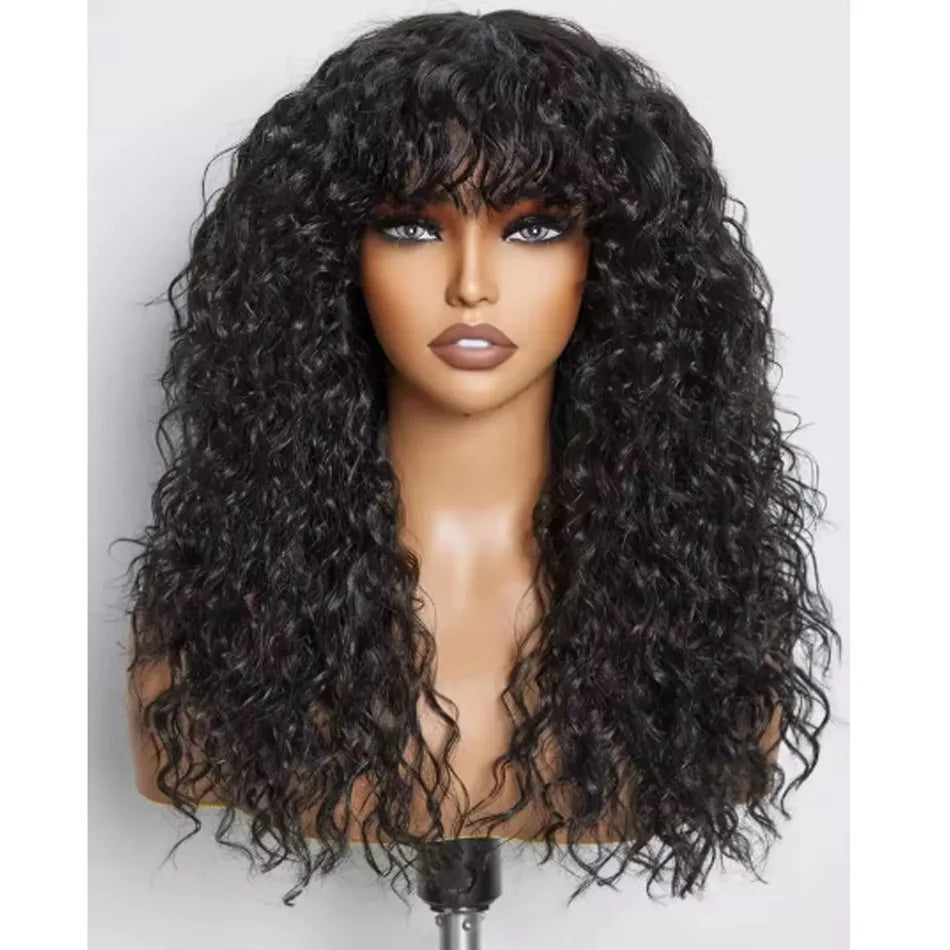 Water Wave Brazilian Human Hair Wig With Bangs Wear And Go Full Machine Made Wigs for Black Women Deep Wave Curly Wigs Glueless