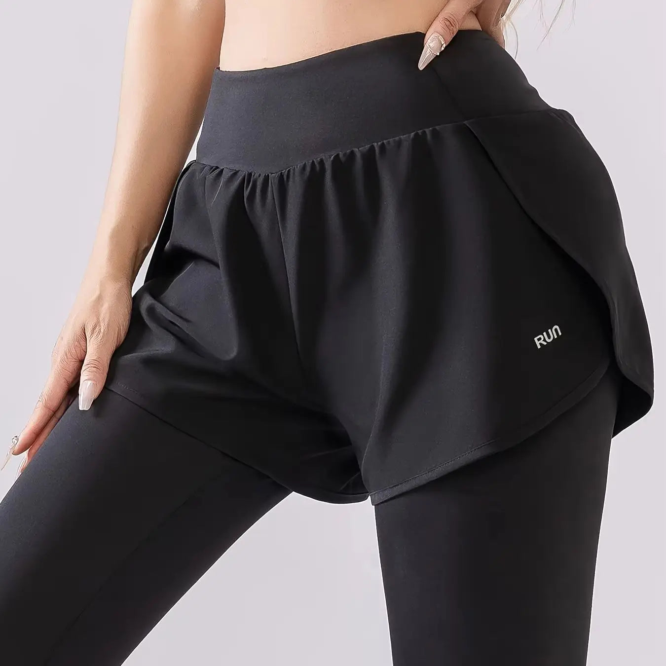 Women's High Stretch Sports Leggings, Fake Two Piece Yoga Pants, Butt Lifting Quick Dry Slim Running Trousers for Tennis Workout