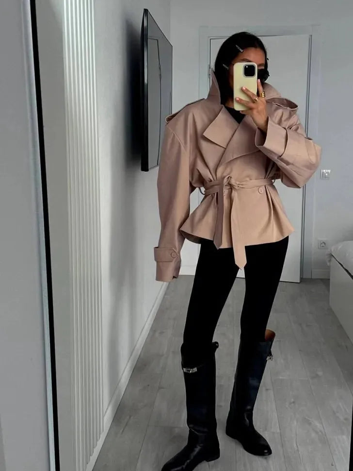 Lace Up Cropped Trench Coat Fashion Women Lapel Long Sleeves Wide Shoulder Windbreaker Jacket Lady 2026 Spring Commuting Outwear