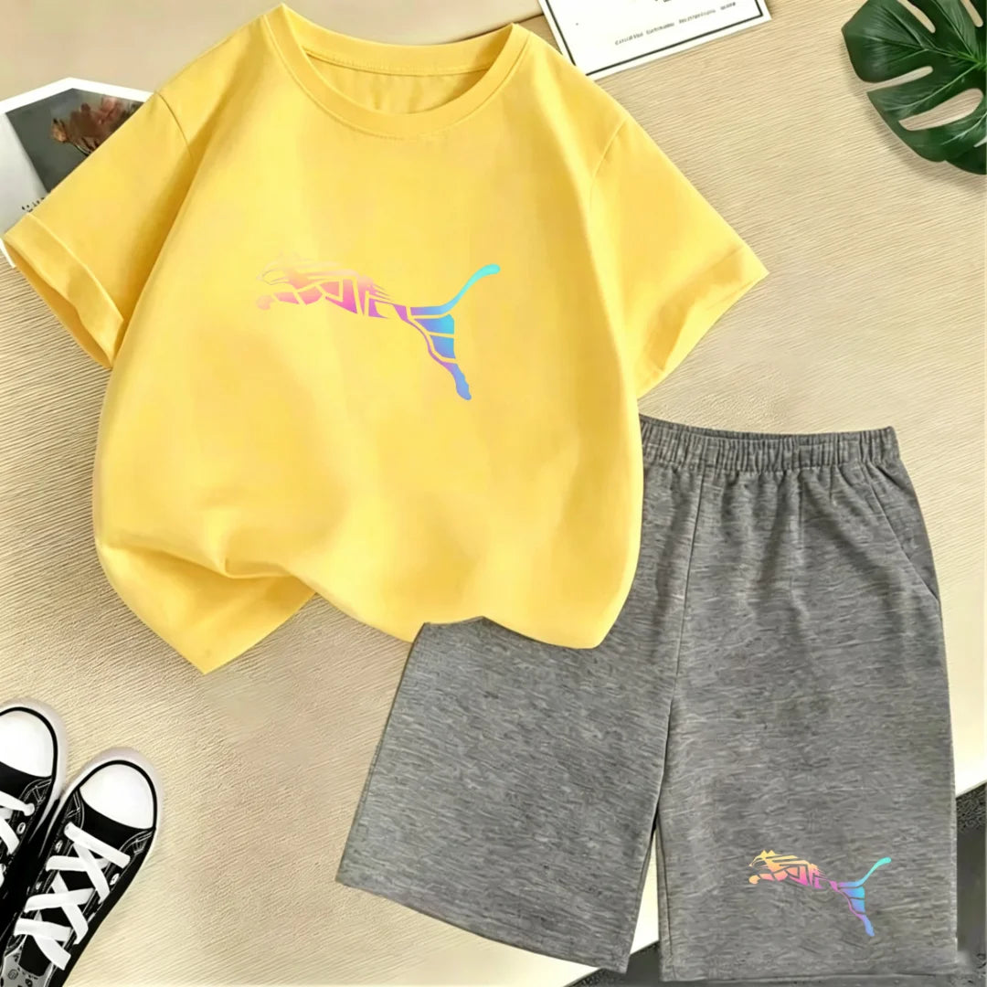 Kids Summer Casual Round Neck T-shirt Colorful Gradation Animals Boy Girl3-12Yrs Short-Sleeved+Shorts Fashion Sports Clothes Set