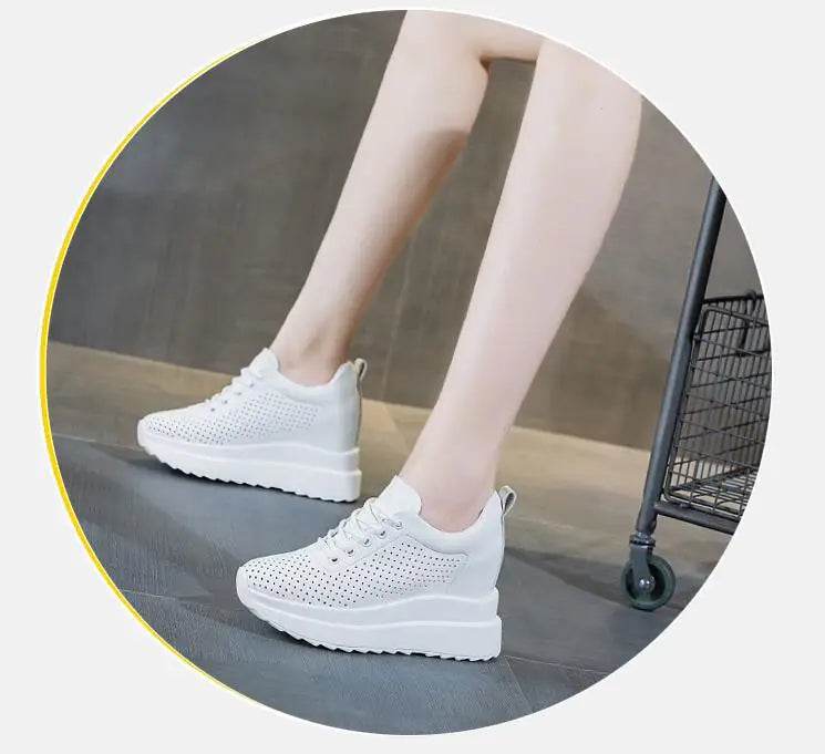 10cm Genuine Leather Women Vulcanize Women Summer Hidden High Heels Platform Wedge Spring Autumn Chunky Sneakers Shoes
