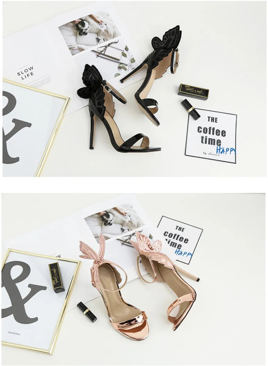 New Design Butterfly Wings Sandals Women Sexy Stiletto Patent Leather Party Dress Open Toe Buckle High Heels Platform Shoes Lady