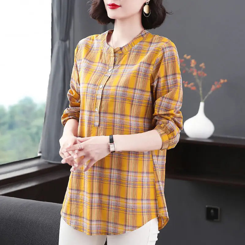 Fashion All-match Round Neck Plaid Shirt Women's Clothing Summer New Vintage Casual 3/4 Sleeve Button Spliced Pullovers Blouses