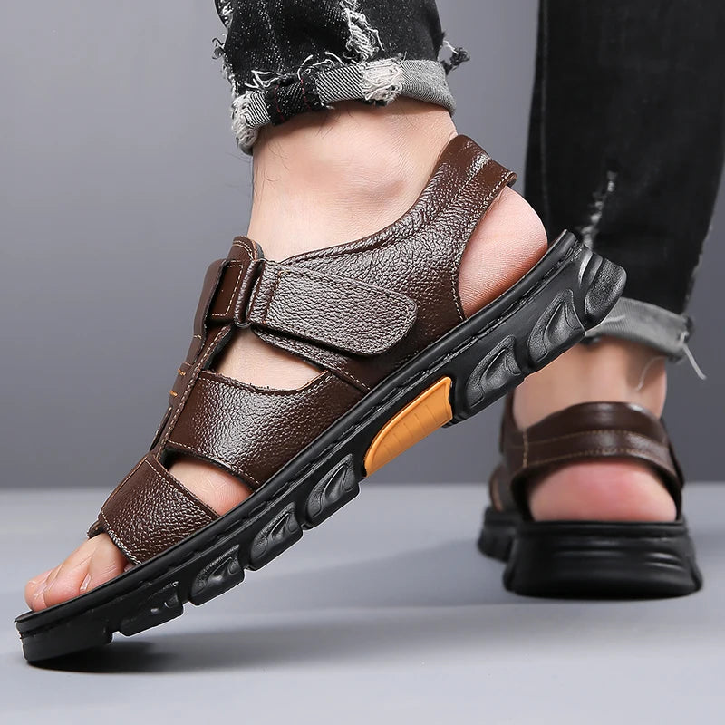 Men's Sandals Adjustable Solid Color Shoes Summer Casual Comfort with Durable Rubber Sole, Breathable PU for Outdoor Walking