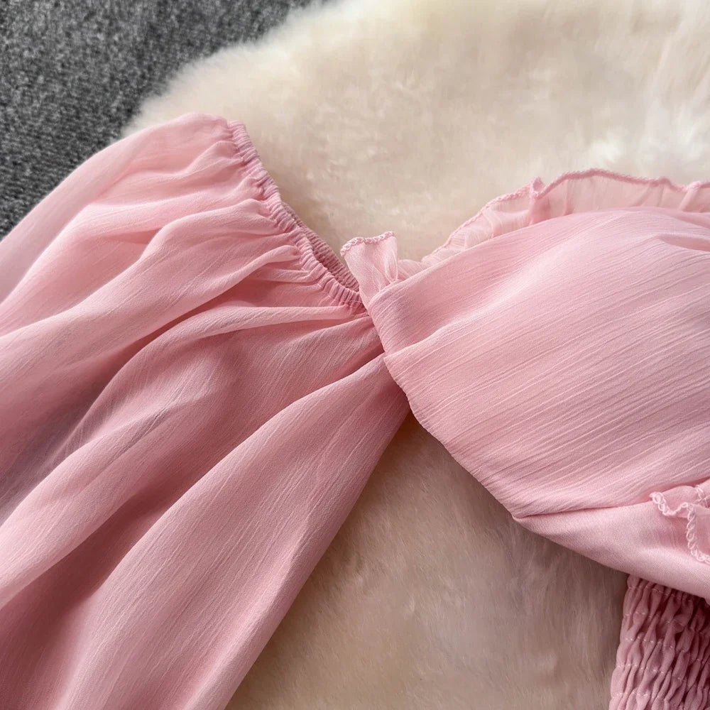 Chiffon Blouse for Women Slash Neck Off Shoulder Solid Color Camisas Ruffles Folds Backless Summer Blusas De Mujer Chic Dropship
