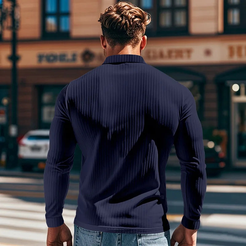 Cross-border autumn men's classic casual American lapel button-up long-sleeved T-shirt elastic pit strip polo shirt