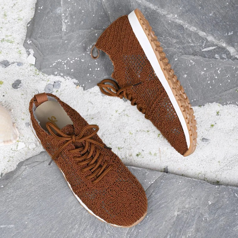 2026 Brown Knit Breathable Womens Sneakers Shoes New Platform Flats Woman Plus Size 43 Non Slip Casual Shoes Mesh Tenis De Mujer