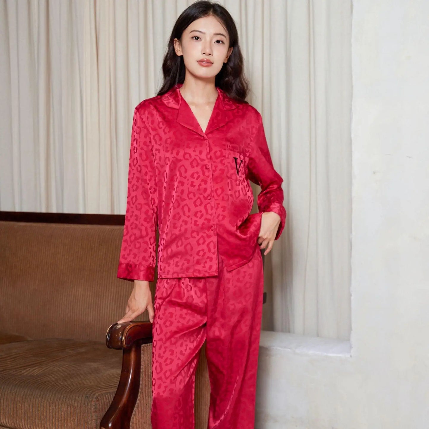 Silky Satin Pajama For Women Striped 2PCS Sleep Set Homewear 2025 Spring New Long Sleeve Trouser Suits Loungewear Nightwear