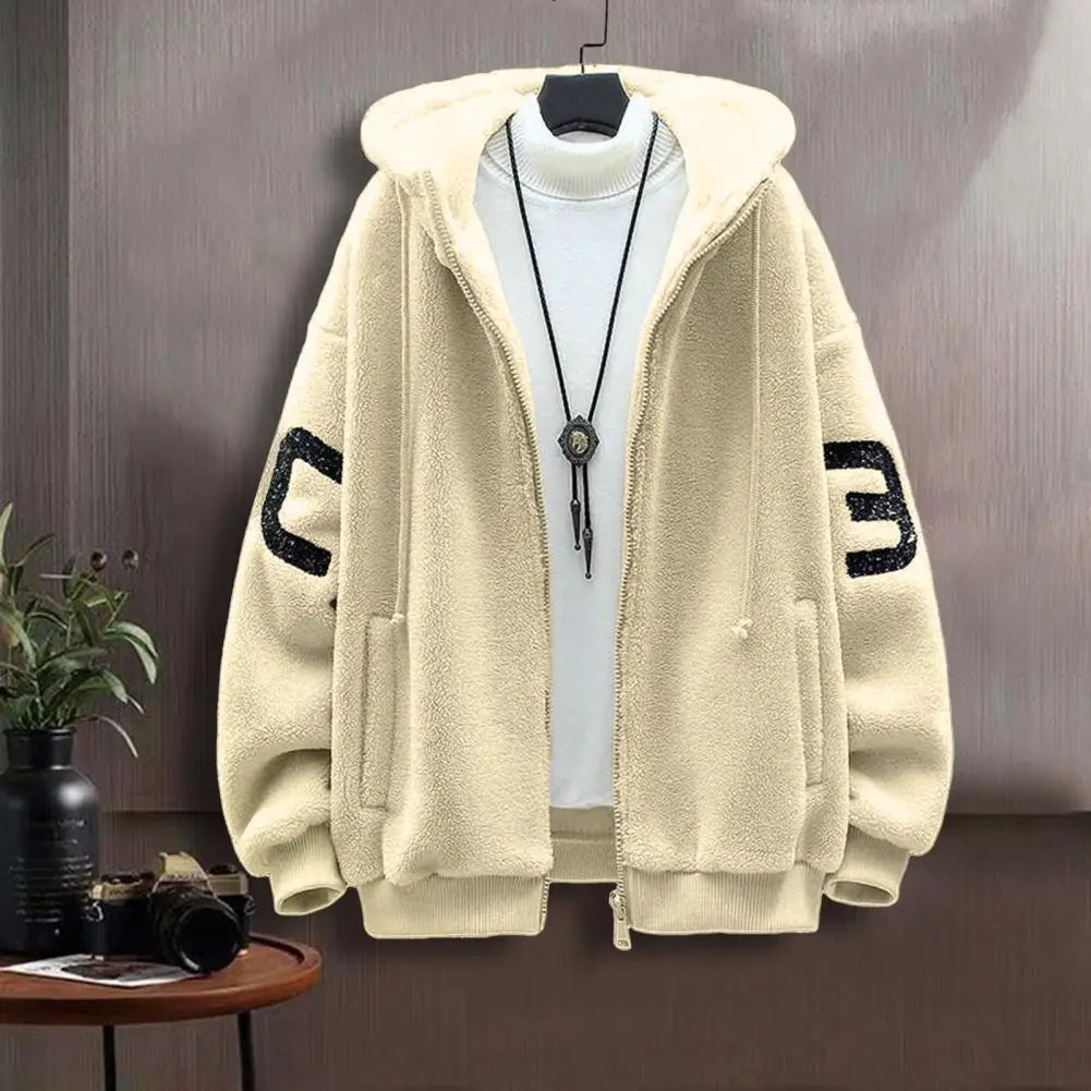 Faux Sherpa Thickened Men Jacket Zipper Closure Pockets Hooded Jackets Casual Thickened Sherpa Lining Winter Warm Men's Jackets