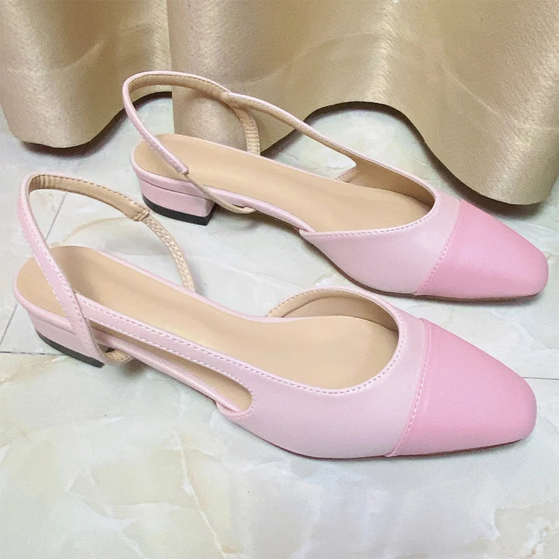 2023Spring Autumn Fashion High Heels Sandals Women's Dress Square Toe Slingback Shoes Women's Color Block Back With Flat Sandals