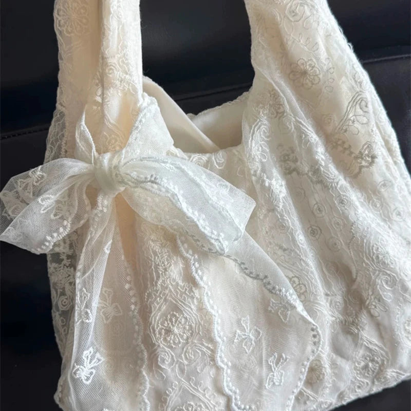Korean Style Fresh Lace Flower Canvas Tote Bag Women's Large Capacity Single Shoulder Commuter Armpit Bag College Style