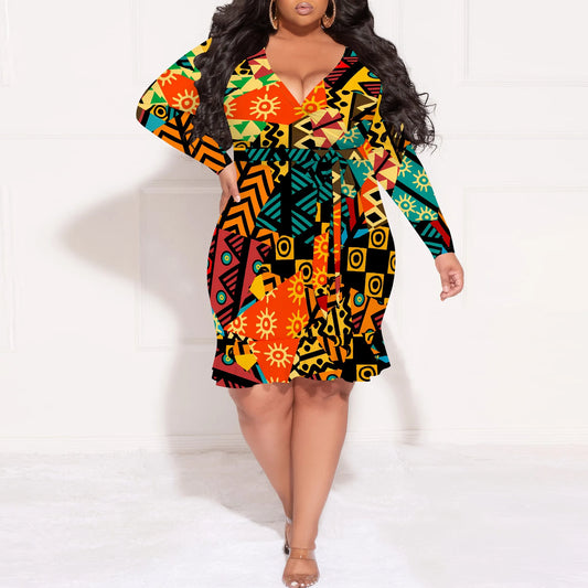 Colorful Ethnic Print Long Sleeve V Neck Wrap Dress for Women African Festival Plus Size Partywear