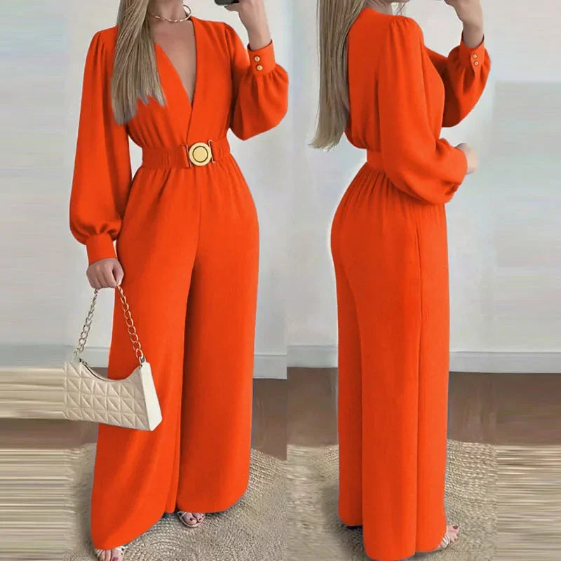 V Neck Solid Long Jumpsuits Fashion Commuting Belt Lace-Up Puff Sleeves Wide Legger Romper Casual Long Sleeve Women's Playsuit