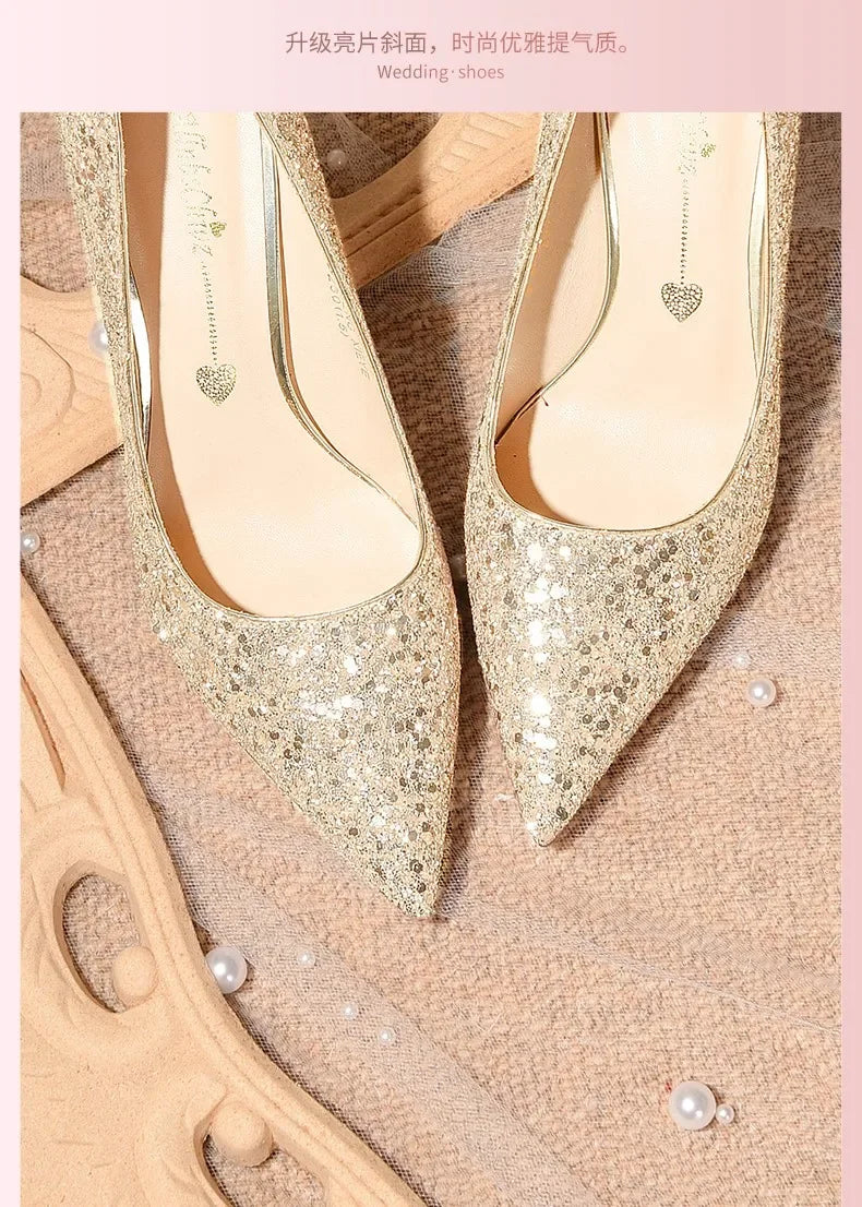 2025 New Women Pumps High Heel Metal Pointed Toe Shallow Sexy Ladies Bling Bridal Wedding Women Shoes White High Heels