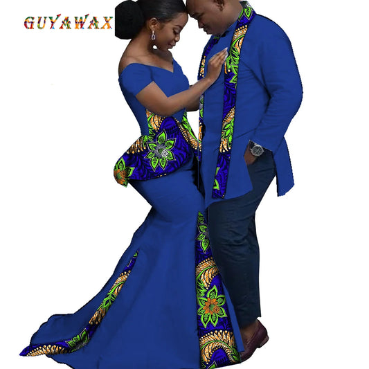 Dashiki Couple African Clothes Matching Clothes for Couples Women Ankara Print Party Dresses Fashion Men Top and Scarf Suits