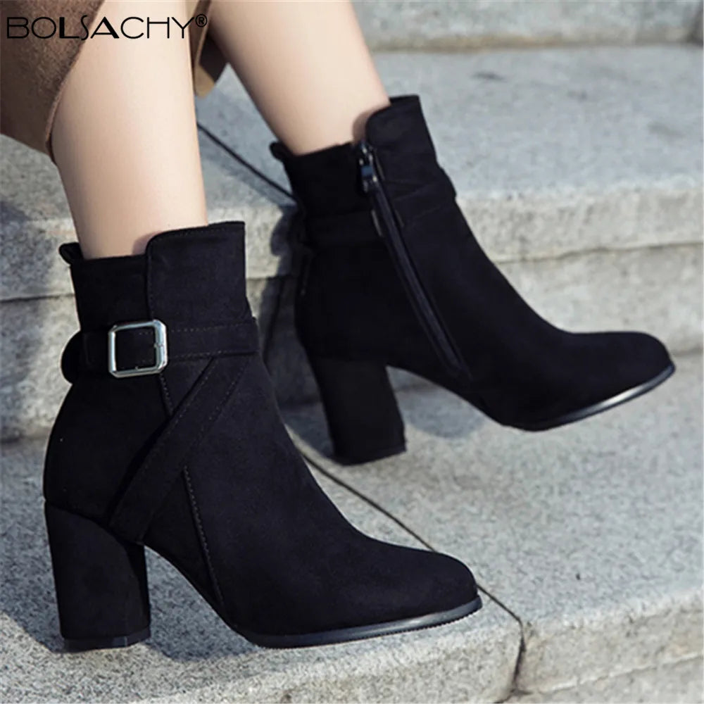 Women High Heels Ankle Boots 2025 Round Toe Elegant Short Booties Ladies Ankle Boots Buckle Decoration Black Blue Autumn Winter