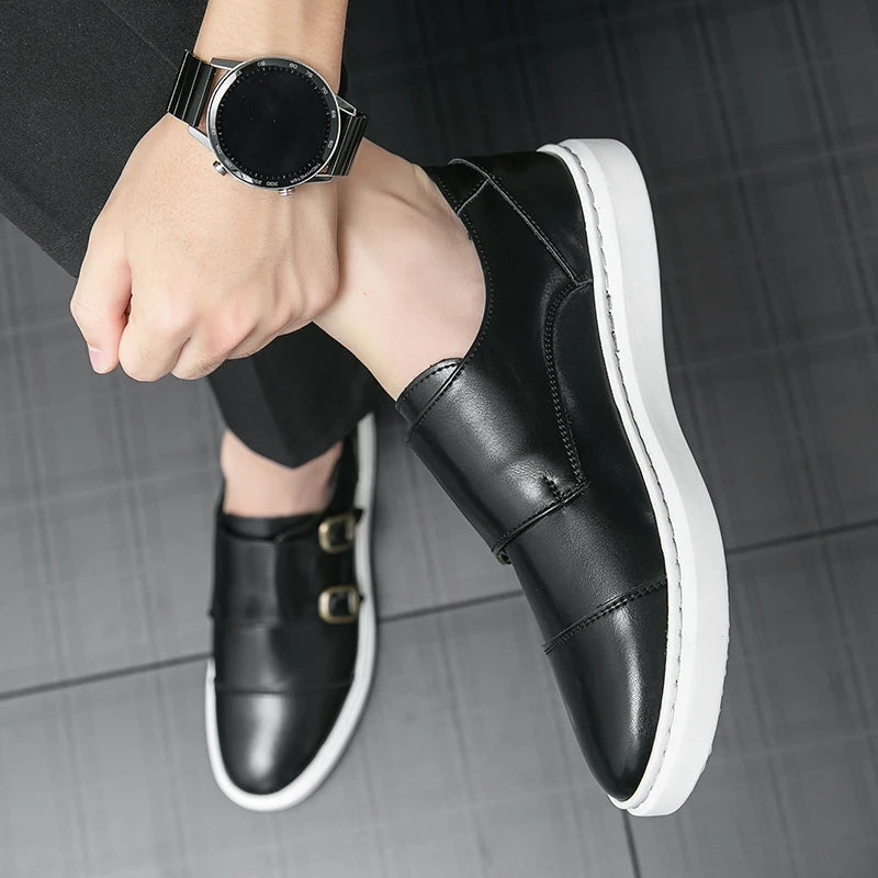 Italy Men Double Buckle Casual Shoes Autumn Leather Loafers Office Shoes for Men Driving Business Comfortable Slip on Shoes Men