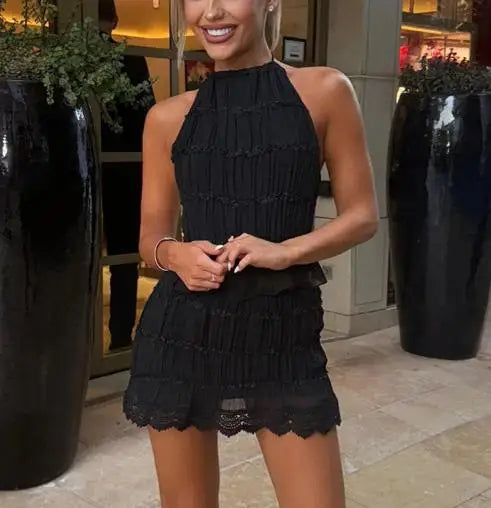 Pleated Halter Lace Up Top Women's Skirt Suits Women Sexy Ruffled Crop Top Lace Trim Mini Skirts 2026 Summer Lady Beach Outfit