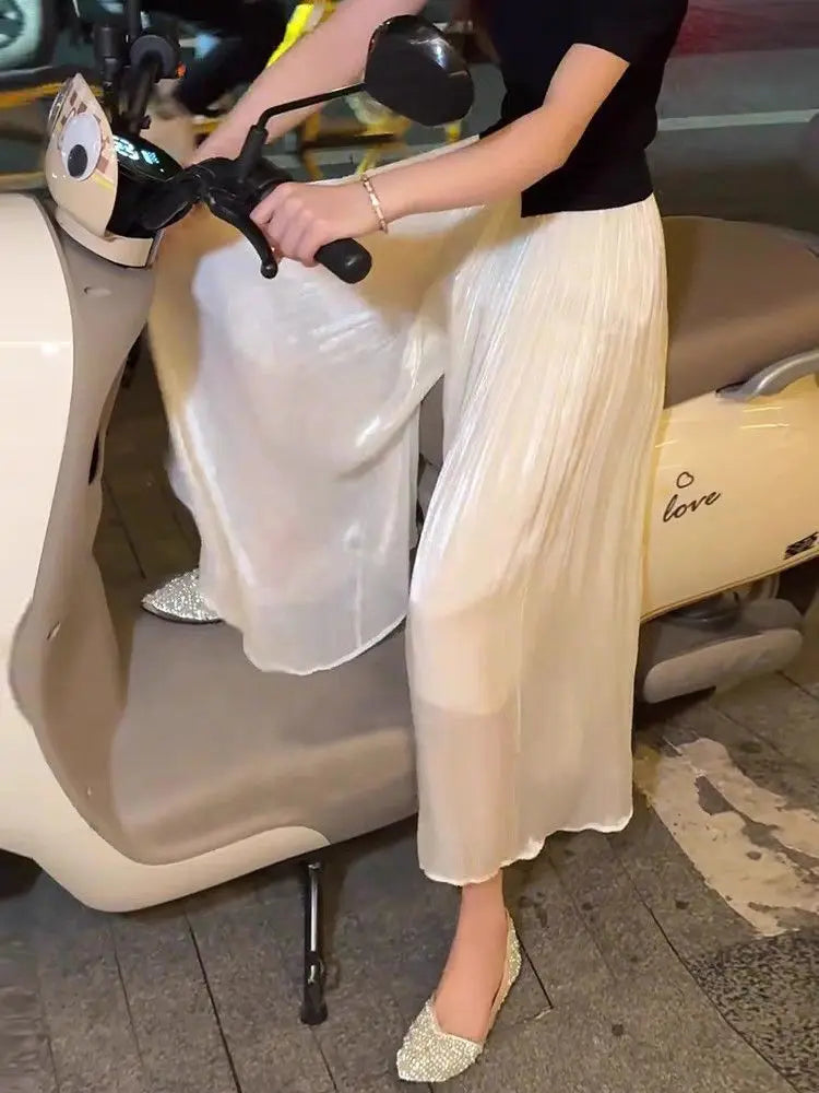 Summer Flowing Ice Silk Wide Leg Pants Women's plus Size Slimming Miniature Eighteen Skirt Pants High Waist Straight Leg Pants