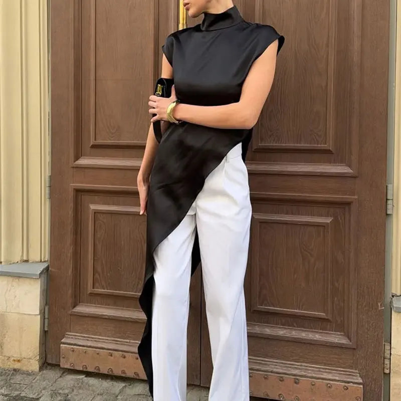 Tossy Casual Sleeveless Satin Maxi Dress Female Turtleneck Patchwork Slim Fashion Solid Commute Dress For Women Long Dress 2025