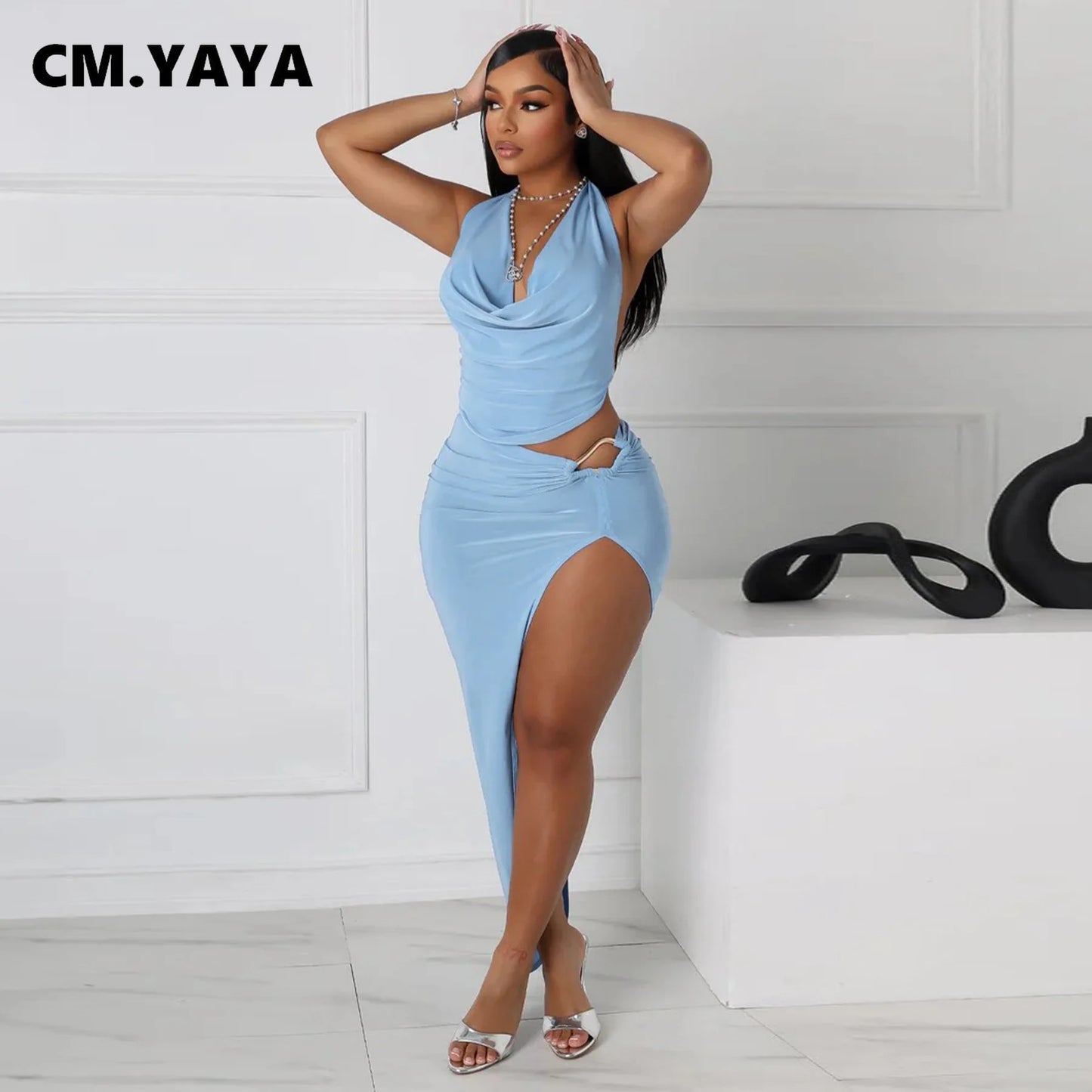 CM.YAYA Women's Set Halter Neck Backless Crop Top High Side Split Slim Maxi Skirts Suit 2025 Beach Sexy Two 2 Piece Sets Outfits