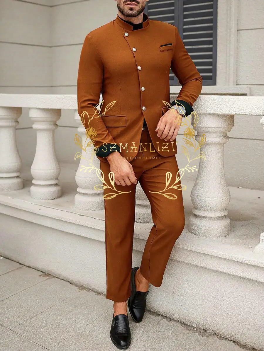 African Design Suit for Mens Double Breasted Blazer Wedding Groom Tuxedo 2 Piece Jacket Pants Groomsman Formal Party Dress
