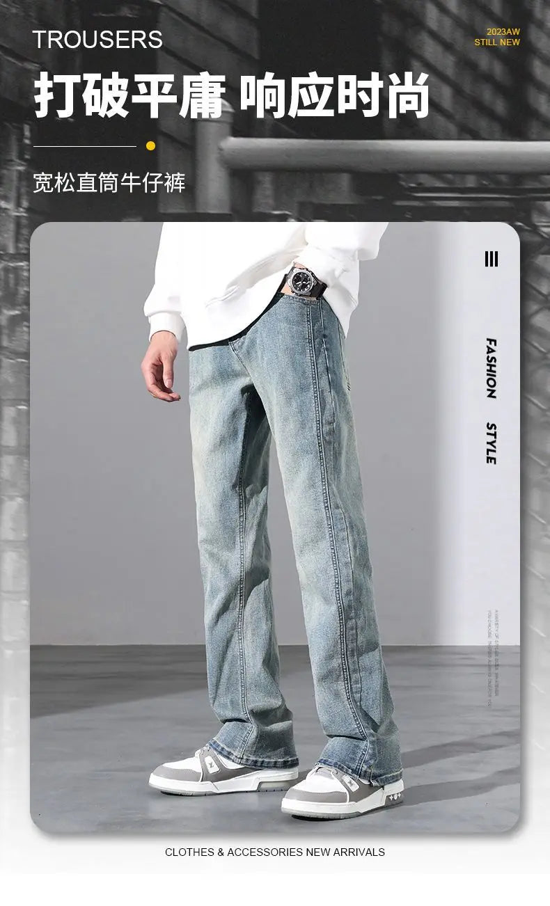2026 New Mens Fashion Retro High Street Jeans Spring Summer Loose Casual Straight Leg Micro Flared Long Trousers Male Streetwear