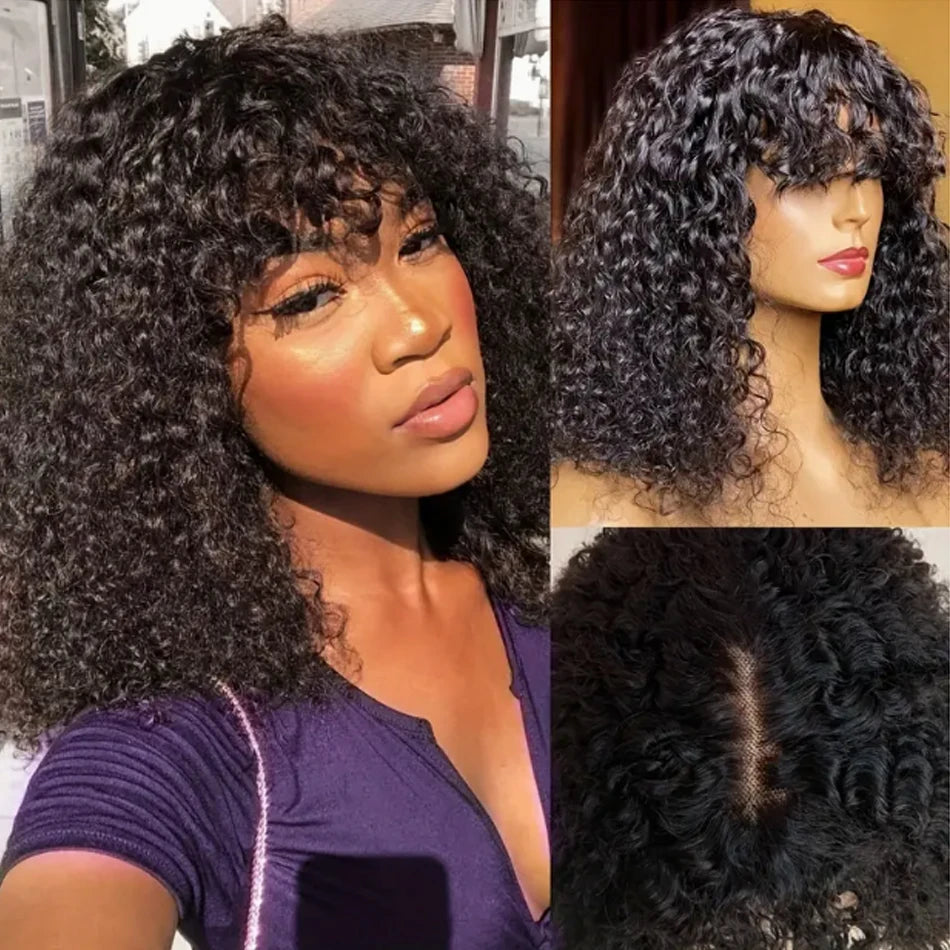 Short Curly Bob Human Hair Wig With Bangs Deep Curly No Lace 250 Density Brazilian Virgin Remy Fringe Human Hair Wigs Easy To Go
