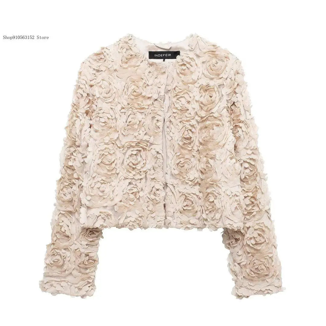 Spring and Autumn Simple Pure Color Round Neck Tops with Three-Dimensional Flower Shaped Texture Long Sleeved Jacket for Women