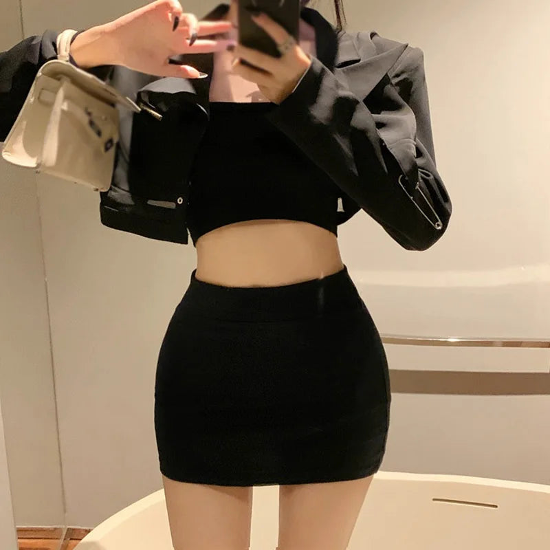Women High Waist Skirt Elastic Waist Korean Style Solid Color Knee Length
