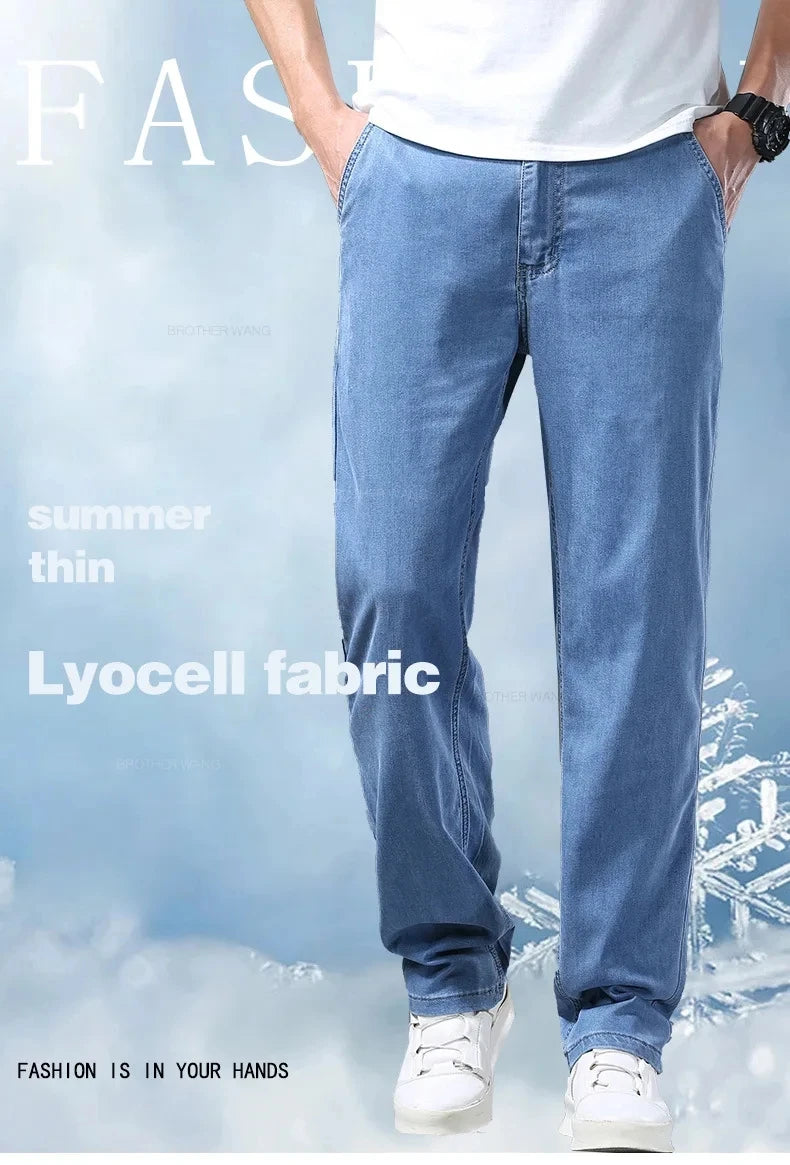 Lyocell Ice Silk Jeans Men's Summer Ultra-thin Loose Straight Denim Pants Soft Comfortable Brand Male Light Blue Trousers