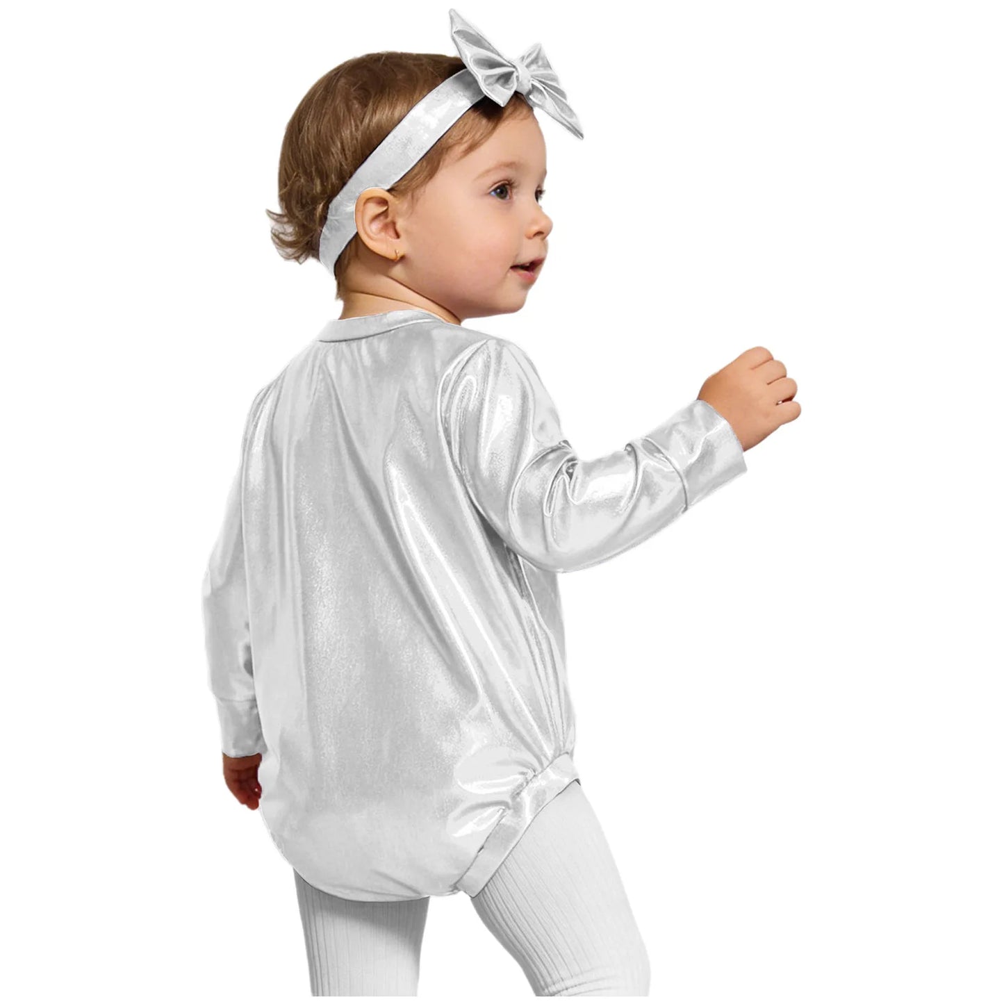 Baby Girls Long Sleeve Metallic Shiny Buttons Crotch Romper with Bow Headband Birthday Theme Party Photography Outfit Daily Wear