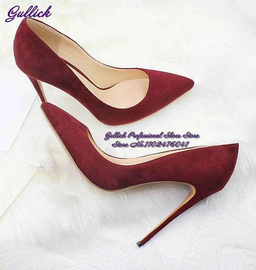 Gullick Women Hot Pink Suede High Heel Shoes 12Cm 10Cm 8Cm Stilettos Slip-On Pointed Toe Wedding Shoes Shallow Pumps Size45
