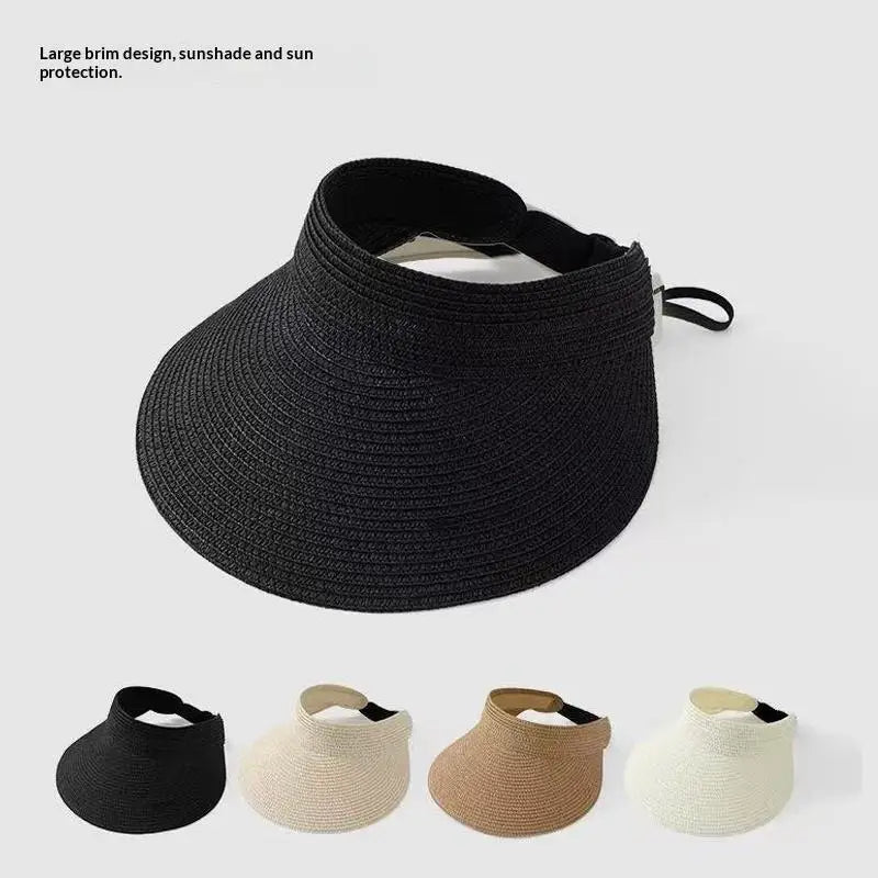 UPF50+ Wide Brim Visor Hat For Women Straw Beach Sun Visor Foldable Ponytail With UV Protection Straw Hat Beach Hats【AliS8】 BAZAARHUBO