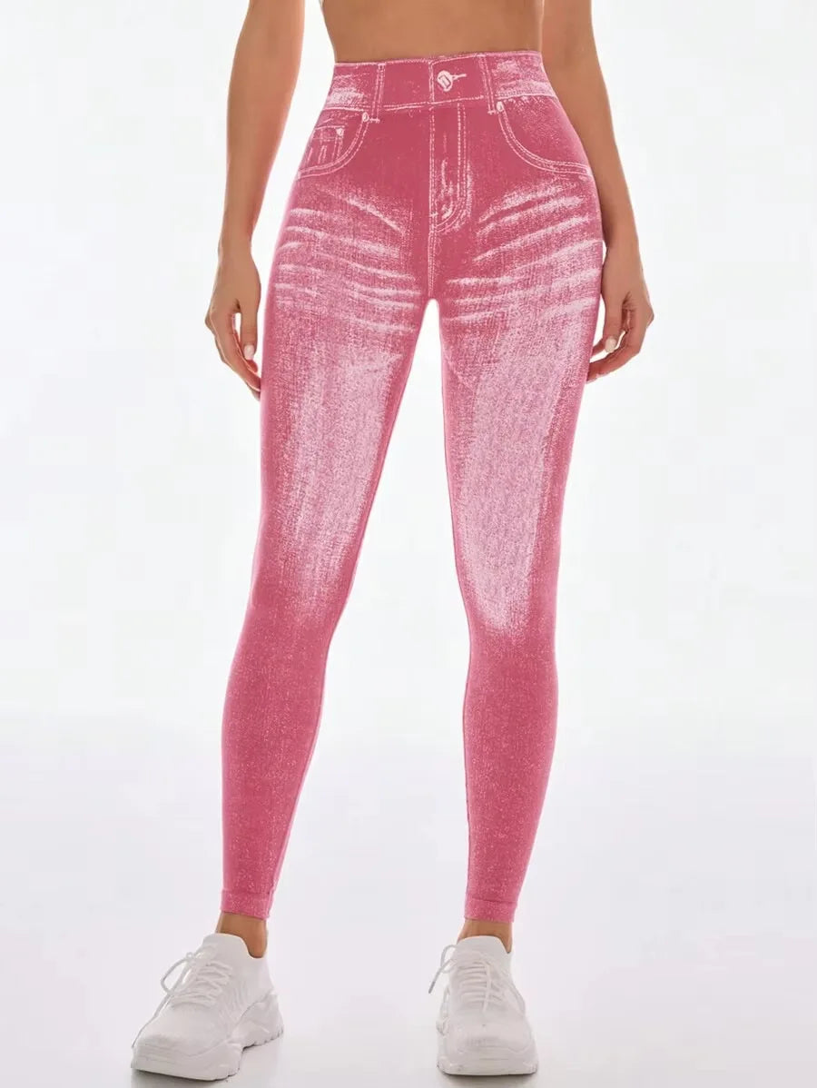 Women V Back Faux Denim Leggings For Gym Workout Athletic Yoga Pants Seamless