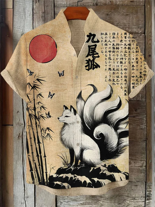 Men's Short Sleeved Linen Shirt, Fashionable Stand Up Collar, Outdoor Casual Shirt, Nine Tailed Fox Print Button, Breathable