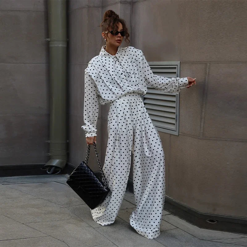Elegant Dot Shirt Pants Women Set Casual Lapel Button Pleated Blouse Wide Leg Trousers 2026 Spring Summer Chic Lady Outfit New