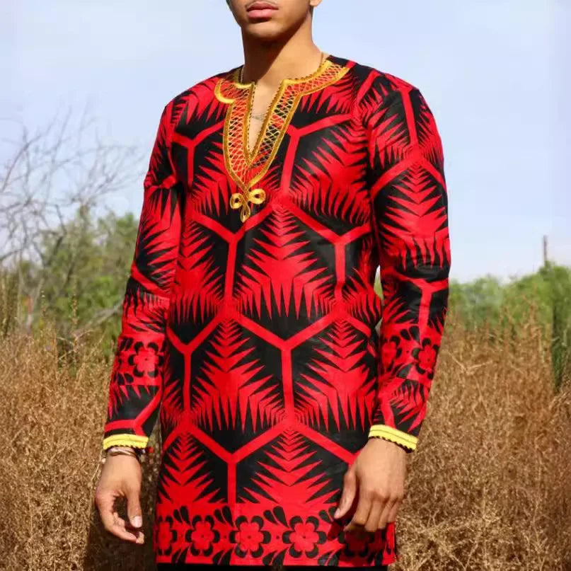 Ethnic Style African Tribal Men Shirts Round Neck Long Sleeve Business Casual Slim Blouses Comfy Traditional Long Tops Gentleman