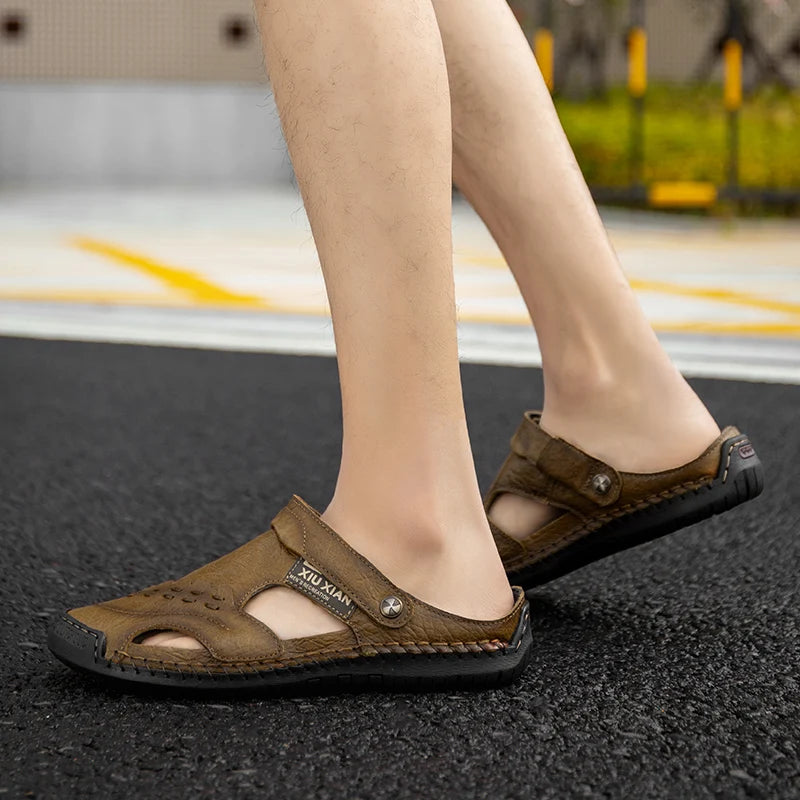 Men Soft Leather Sandals Breathable Comfort Daily Beach Big Size 45 46 Outdoor Slippers Open Toe Non-Slip Casual Summer Footwear
