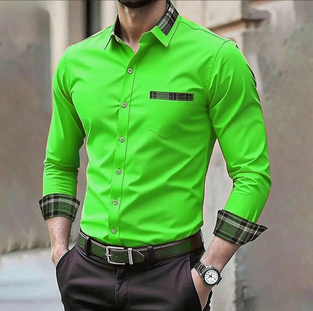 Men's pocket casual formal shirt, available in 12 colors, stylish and comfortable long sleeved shirt, suitable for weddings and